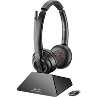 Black Poly Savi 8220 UC DECT headset with cushioned ear pads, boom mic, USB-A dongle, and charging base.