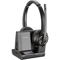 Black POLY Savi 8220 UC headset with microphone, cushioned ear pads, and charging stand.