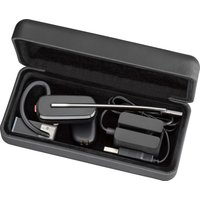 Black POLY Savi 8245 headset with USB-A connector, sleek over-ear design, in a black protective case.