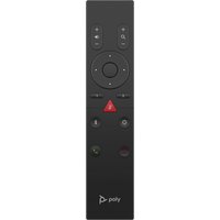 Black Poly Studio R30 USB Bluetooth remote with circular navigation pad, volume buttons, and Poly logo at the bottom.