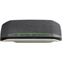 Black Poly Sync 10 Speakerphone with fabric top, touch controls, and LED indicator for Microsoft Teams.
