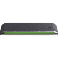 Black rectangular Poly Sync 60 speakerphone with fabric top, green LED light strip, and touch controls.