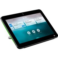 Poly TC10 White Glass Mount touchscreen with black frame, displaying interface and green side accent.