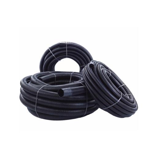 Black 110mm x 50m Ridgicoil electric conduit by Polypipe, featuring flexible, coiled design with a coupler, ideal for electrical installations.