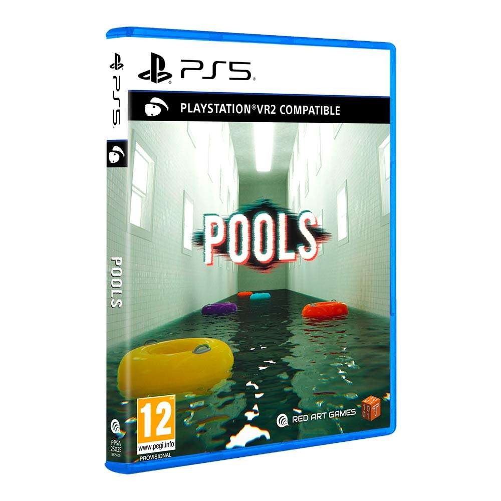 PS5 game "Pools" by Red Art Games features a vibrant cover with colorful inflatable rings floating in a water-filled room, showcasing a unique and immersive gaming experience.