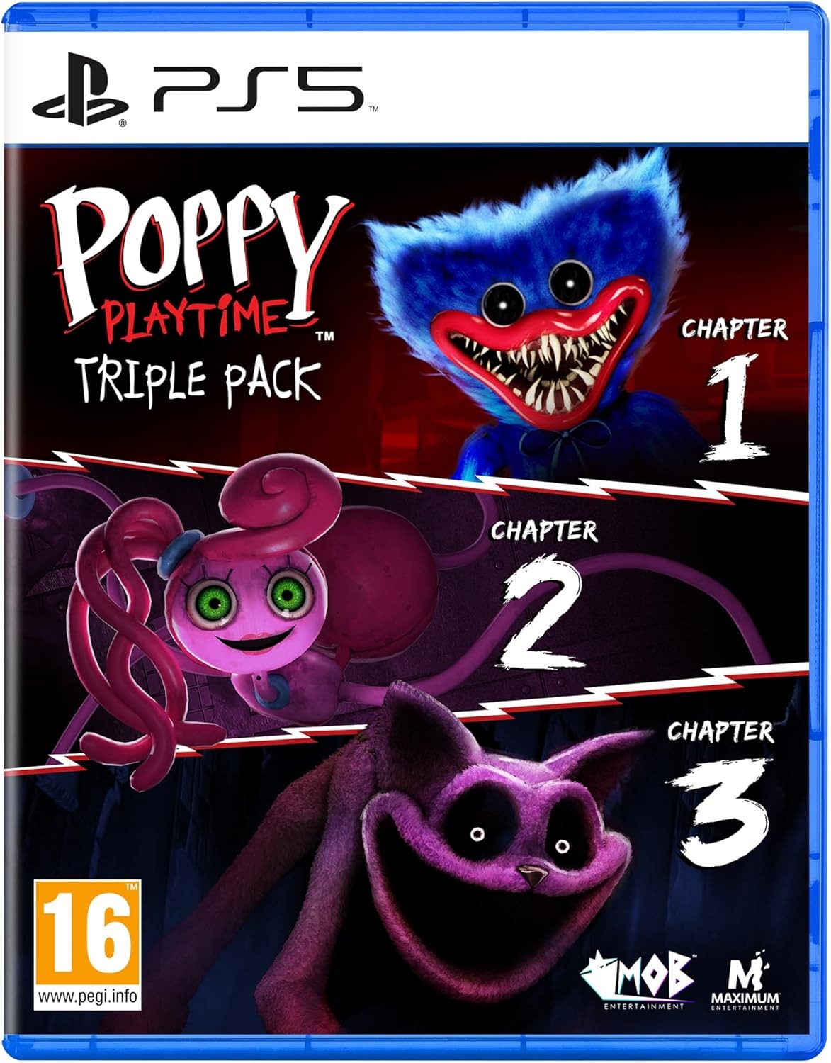 Poppy Playtime Triple Pack for PS5 features vibrant cover art with colorful characters: a blue monster, a pink creature, and a purple figure, all set against a dark background.
