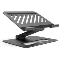 Black Port Designs 2-in-1 USB-C docking station with adjustable notebook stand, vented design, and sleek metal finish.