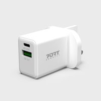 White Port Designs mobile charger with USB-C and USB-A ports, compact rectangular shape, UK plug.