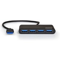 Black Port Designs USB 3.2 Gen 1 hub with four blue USB Type-A ports and a short black cable.