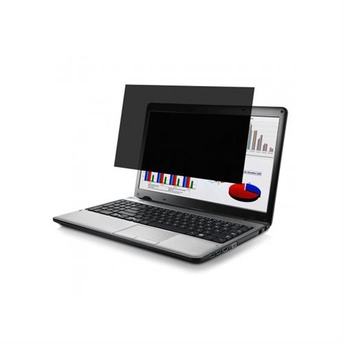 Black privacy filter for a 13.5-inch laptop, positioned above the screen, designed to restrict viewing angles while maintaining screen clarity.