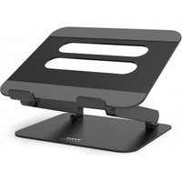 Black Port Designs laptop stand with adjustable height and dual ventilation slots, fits 15.6-inch laptops.