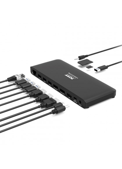 Black Port Designs 901910W-UK laptop dock with multiple ports, including USB 3.2 Gen 2 and Type-C, featuring a sleek design and various connected cables.