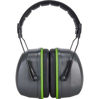 Gray Portwest padded ear defenders with green trim and adjustable black headband.