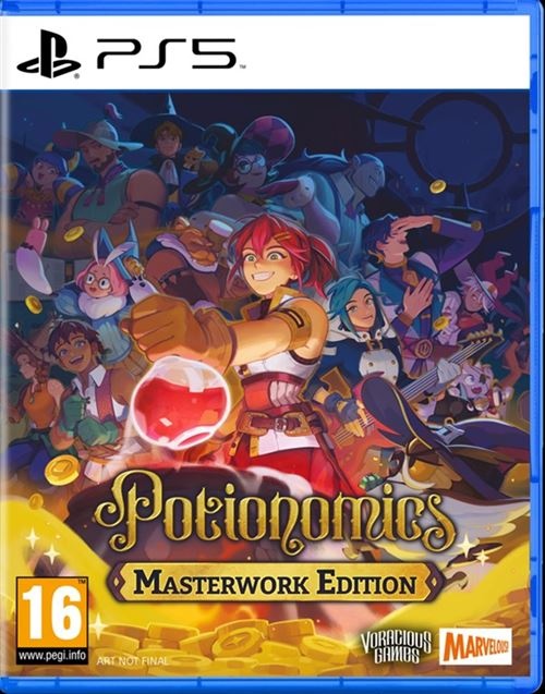 Colorful PS5 game cover featuring a character holding a glowing potion, surrounded by various whimsical characters and gold coins, with "Potionomics: Masterwork Edition" prominently displayed.