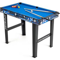 Blue Power Play 3ft pool game table with black legs, featuring two cues, balls, and a triangle rack.