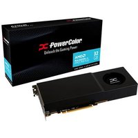 PowerColor AI PRO R9700 32GB graphics card, sleek black design with fan vent, shown with branded packaging box.
