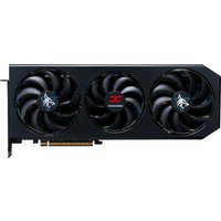 Black PowerColor Hellhound Radeon RX 9070 graphics card with three cooling fans and red logo in the center.