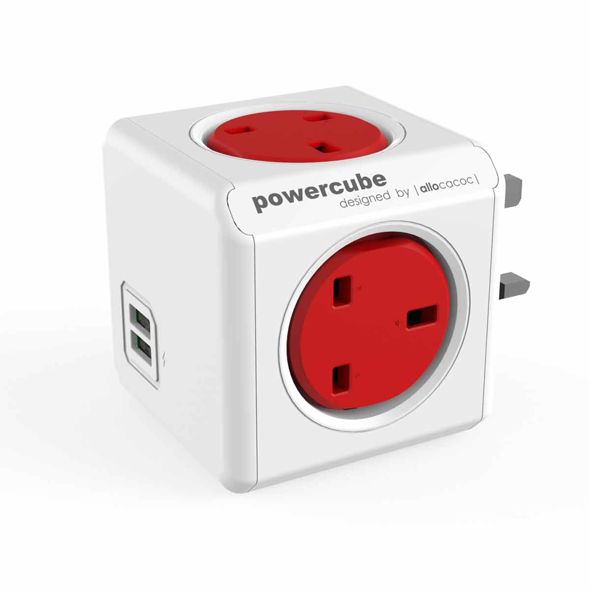 Red Powercube Original USB Plug featuring two red sockets and two USB ports, with a sleek white plastic exterior and a compact cube design.