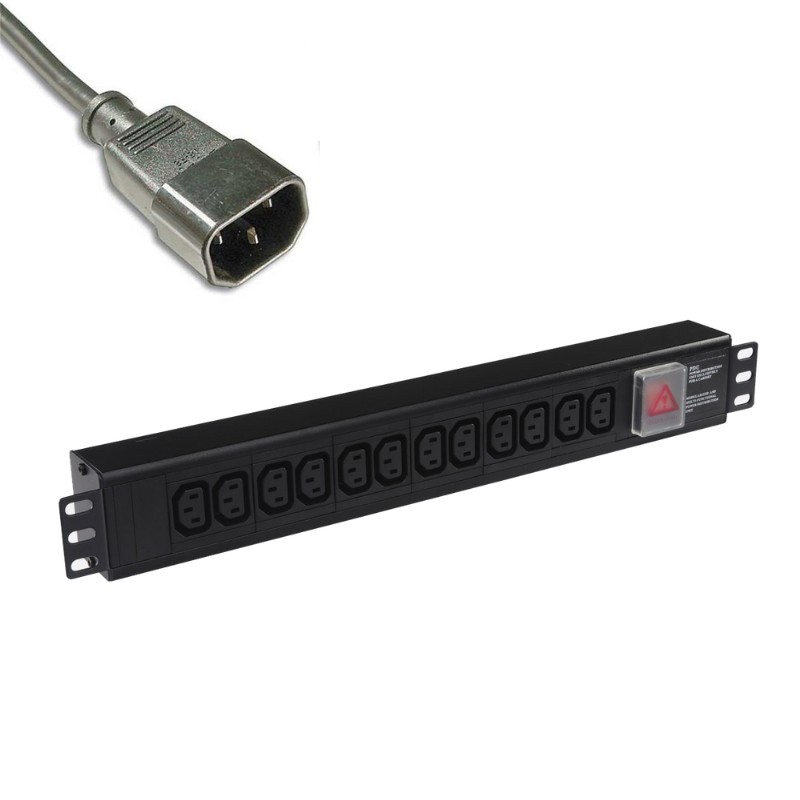 Black 12-way 19-inch rack PDU with IEC sockets, featuring a C14 plug, horizontal design, and a warning indicator on the side.