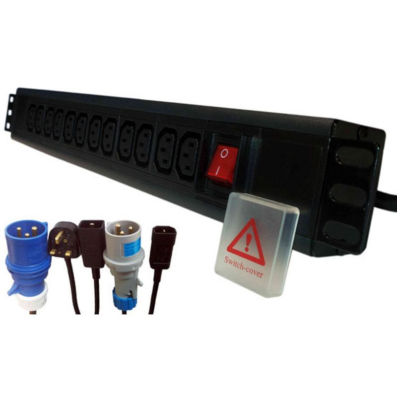 Black 19-inch horizontal rack PDU with eight IEC sockets, a red power switch, and a switch cover, designed for secure power distribution in server racks.