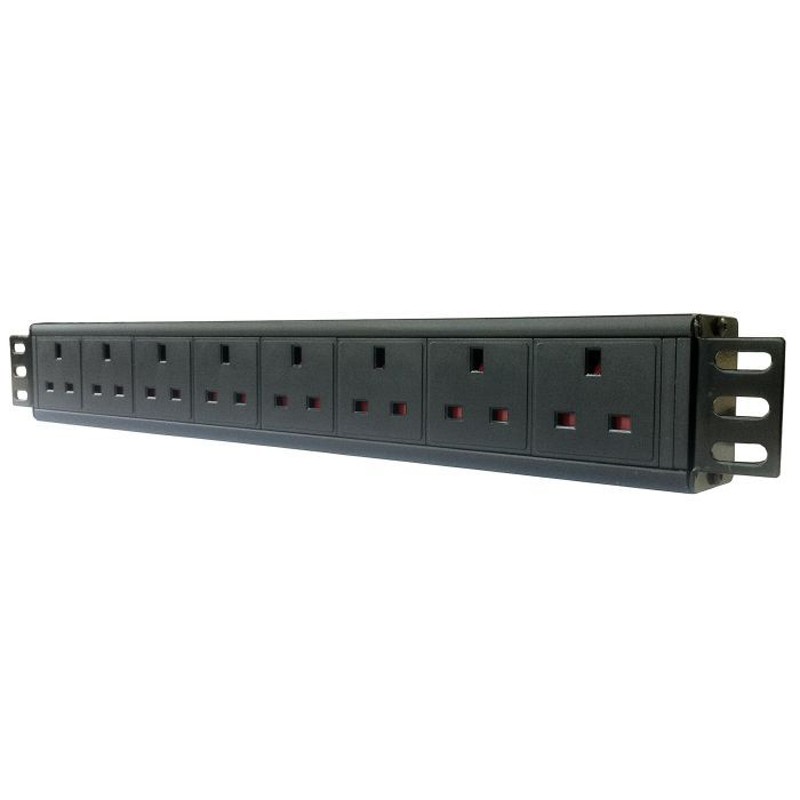 Black 19-inch horizontal rack PDU with eight UK sockets, featuring a sturdy design and a 13A plug, ideal for organized power distribution in server racks.