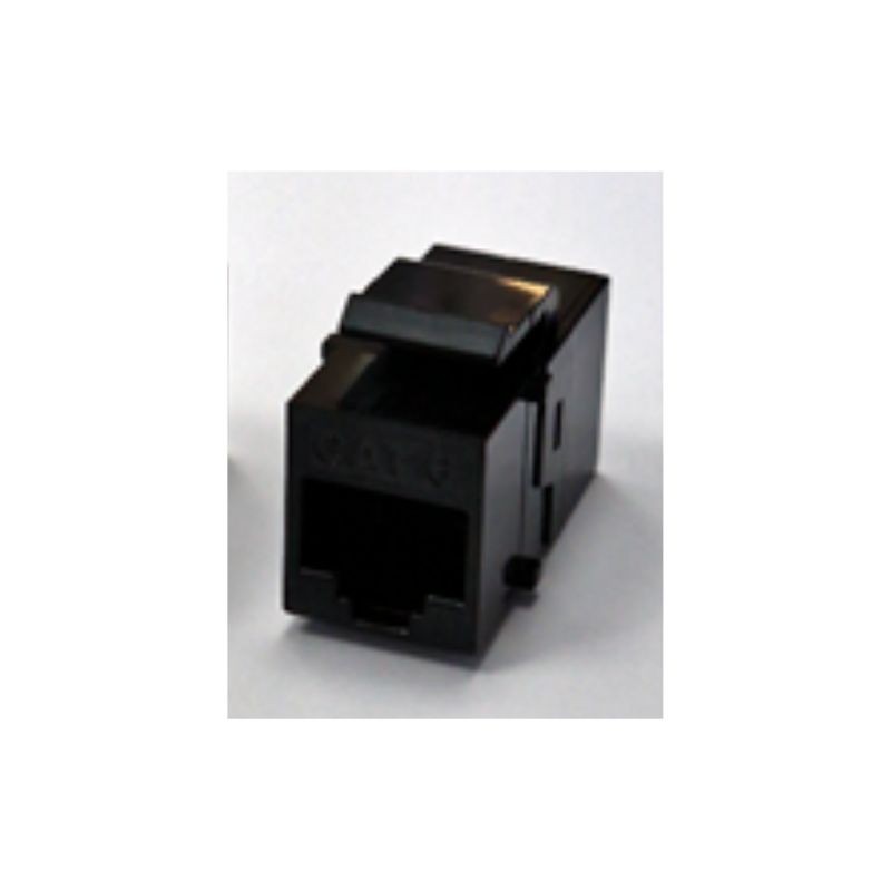 Black plastic Cat 6 module with a rectangular shape, featuring a top latch and an open port for Ethernet connections, labeled with "CAT6" on the front.