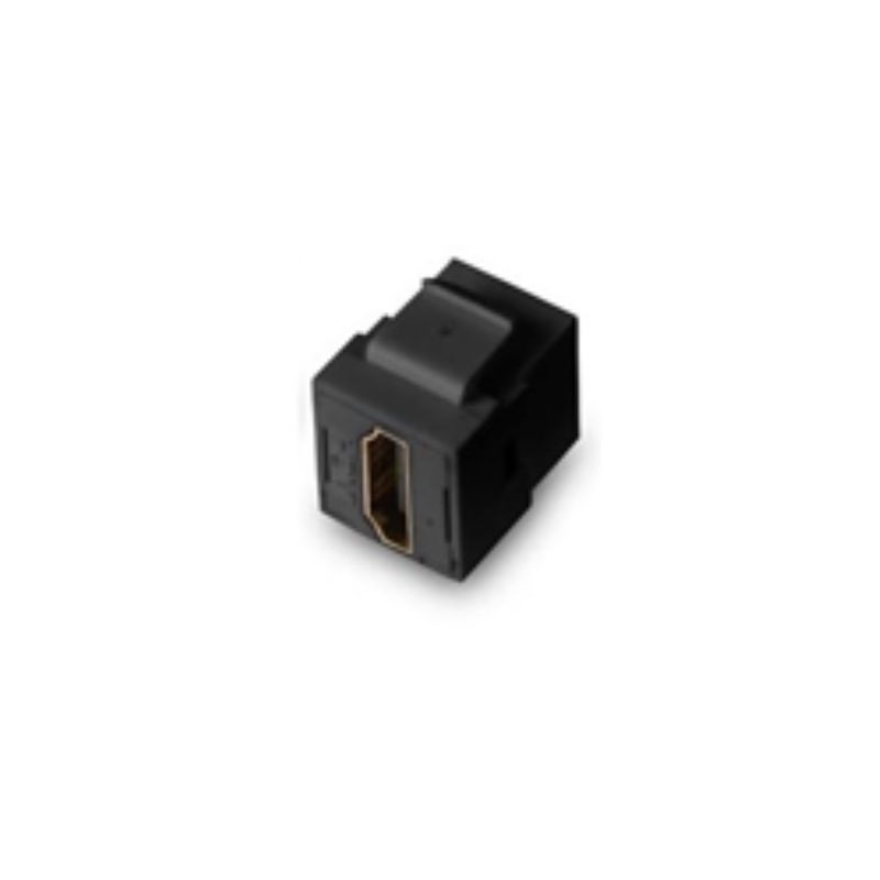 Black HDMI media module with a rectangular design, featuring a gold-plated HDMI port on one side and a textured surface for grip, designed for easy connectivity.