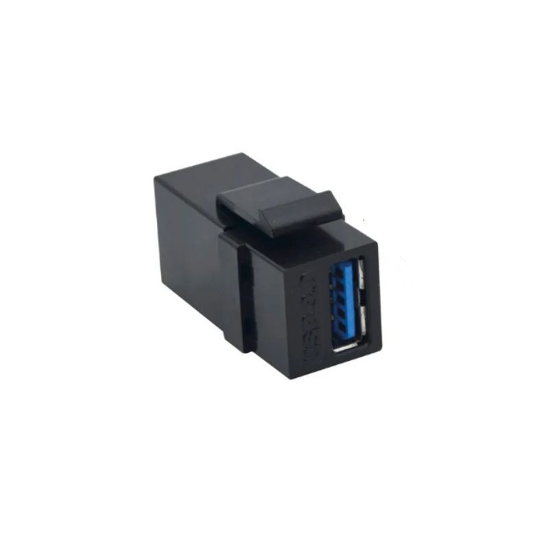 Black plastic USB-A media module with a blue USB port, featuring a secure latch for easy installation and a compact design for versatile connectivity.