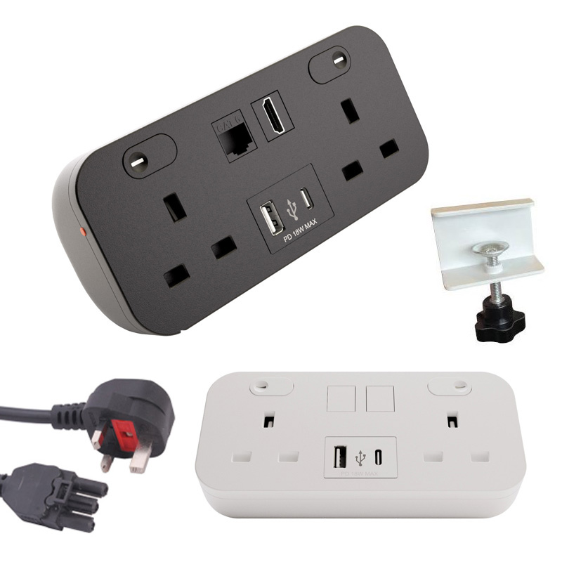 Black desktop power strip with dual USB A and C ports, featuring two power outlets, a mounting bracket, and a power cable, designed for efficient charging and connectivity.
