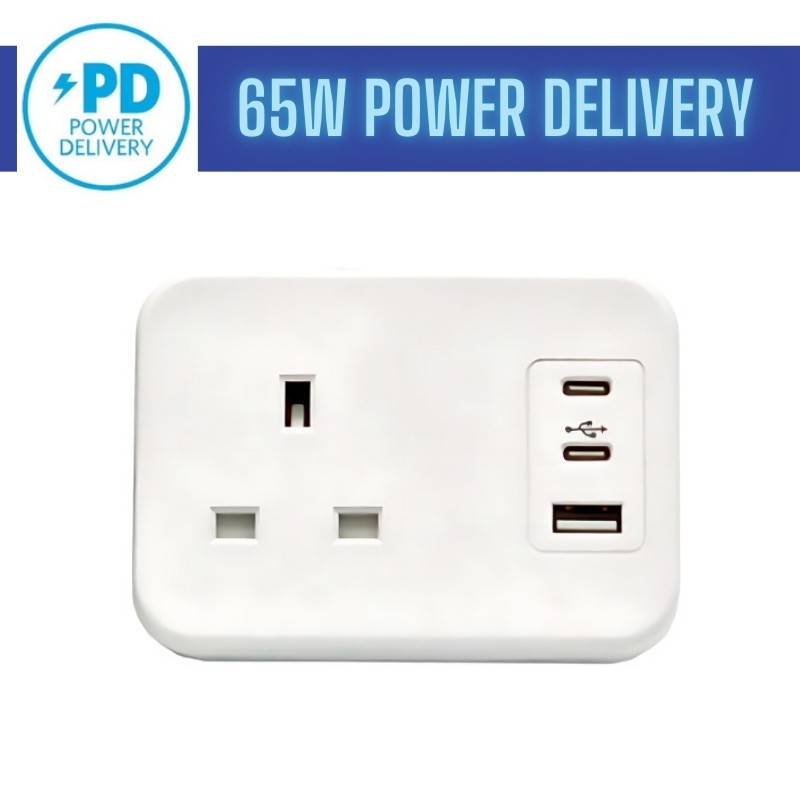 White desktop power outlet featuring one standard socket, dual USB-C ports, and a USB port, with a "65W Power Delivery" label at the top.