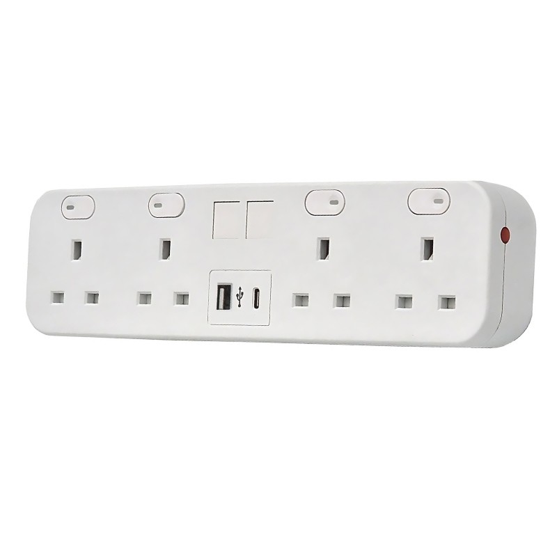 White desktop power strip featuring four AC outlets, two USB-A ports, and a USB-C port, with a sleek plastic design and individual power switches for each outlet.