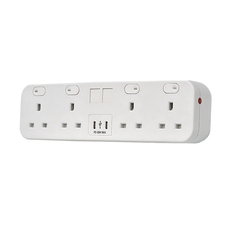 White desktop power strip featuring four standard outlets, two USB-C ports, and a sleek design with a power indicator light.