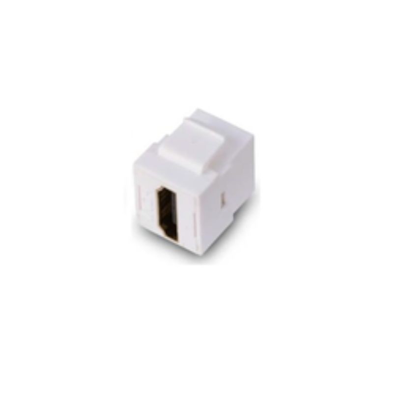 Compact white HDMI media module with a rectangular shape, featuring a single HDMI port and a snap-in design for easy installation.