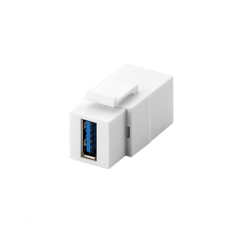 White USB A media module by POWERDATA featuring a sleek design, a single USB port with blue connectors, and a locking mechanism on top for secure installation.