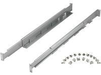 Silver metal rack rail kit with two elongated rails and a set of screws, designed for mounting accessories in a server rack.