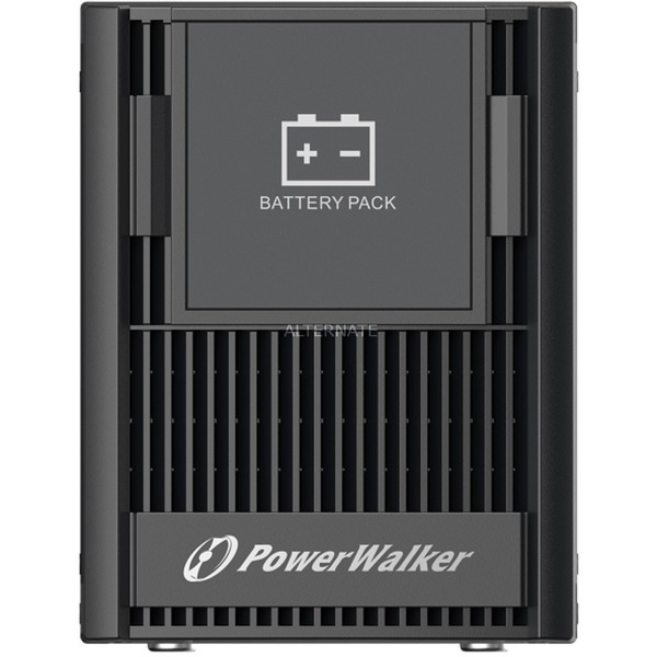 Black PowerWalker UPS Battery Cabinet Tower with a front panel displaying a battery pack icon and ventilation slits for heat dissipation.