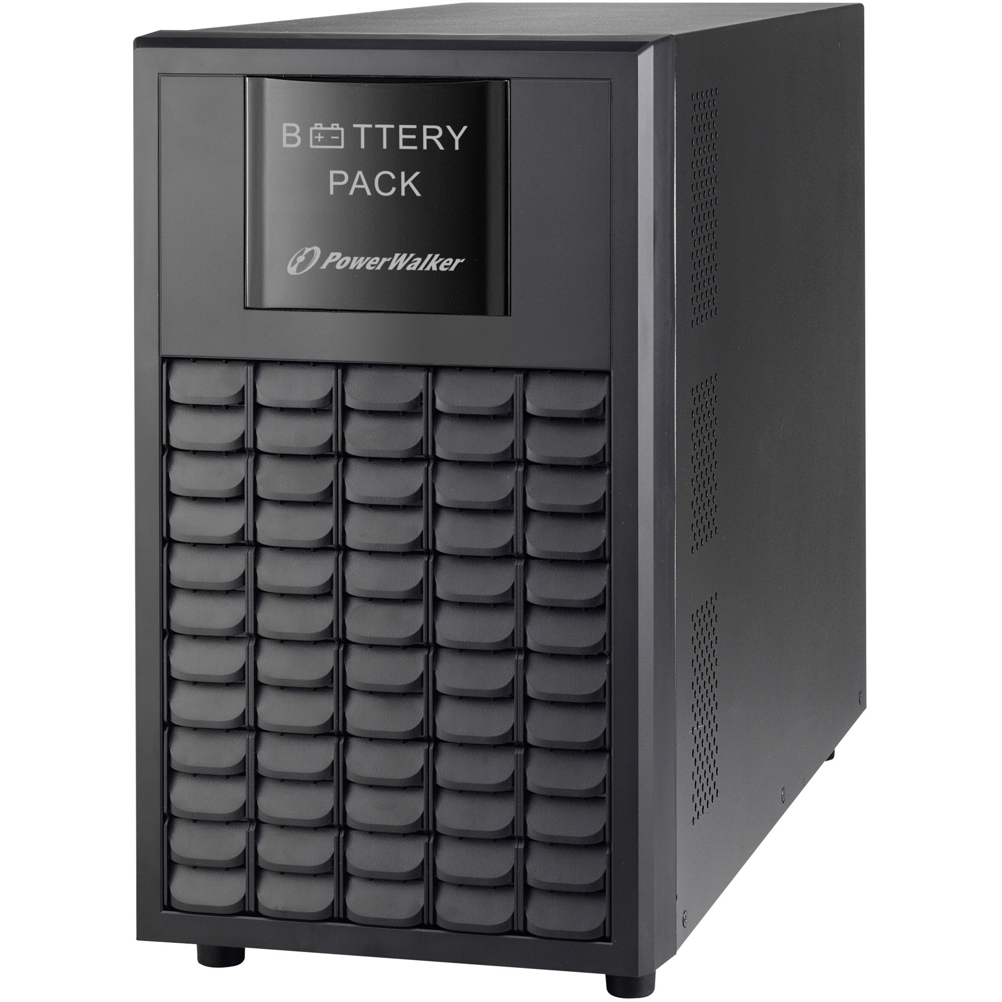 Black UPS battery cabinet tower with a textured front panel featuring multiple compartments, a digital display labeled "BATTERY PACK," and the PowerWalker logo.