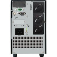 Black and gray PowerWalker 3000 CW UPS with three power outlets and multiple ports on the rear panel.