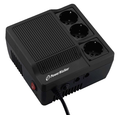 Black PowerWalker AVR1200 UPS features three output sockets, a textured top surface, and a red power button, designed for reliable power backup with 1.2 KVA capacity.