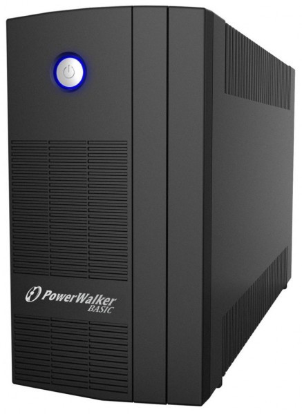 Black PowerWalker Basic VI 1000 SB Line-Interactive UPS with a blue power button, featuring a sleek design and three AC outlets for connectivity.