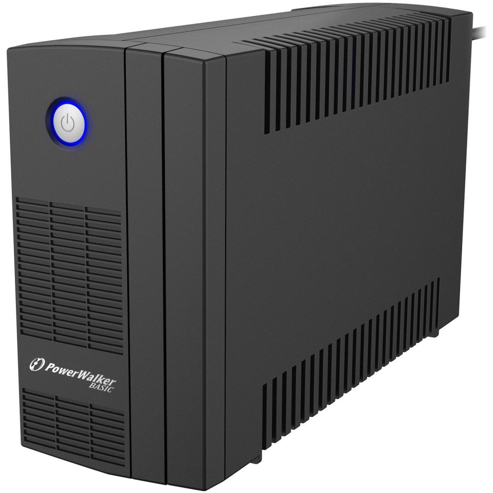Black line-interactive UPS with a sleek design, featuring a blue power button, ventilation grilles, and two AC outlets on the back, rated at 0.65 KVA and 360 W.