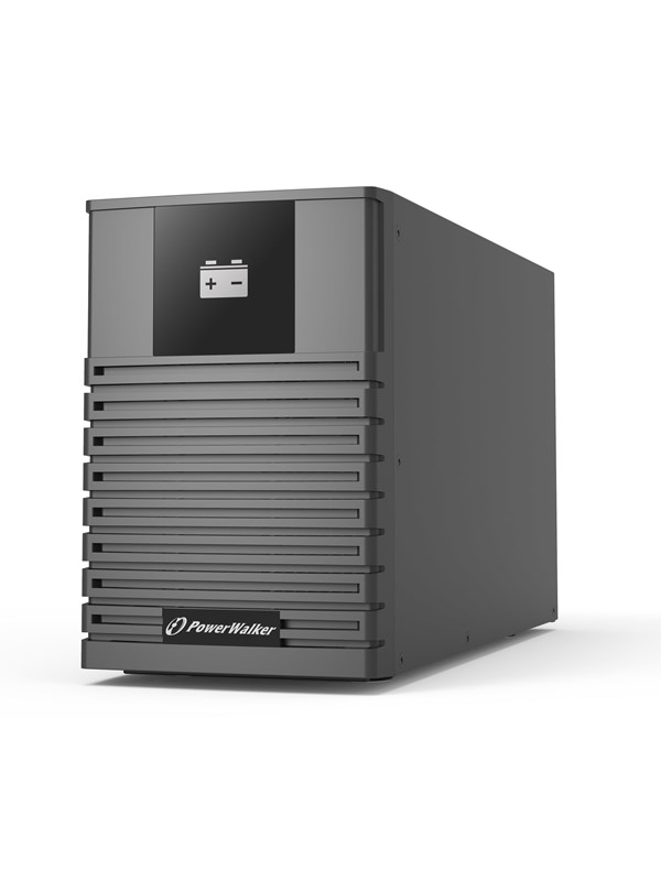 Black PowerWalker BP I36T-6x9Ah 12 V 9 Ah battery backup unit with a sleek design, featuring a front panel with a battery icon and horizontal ventilation slats.
