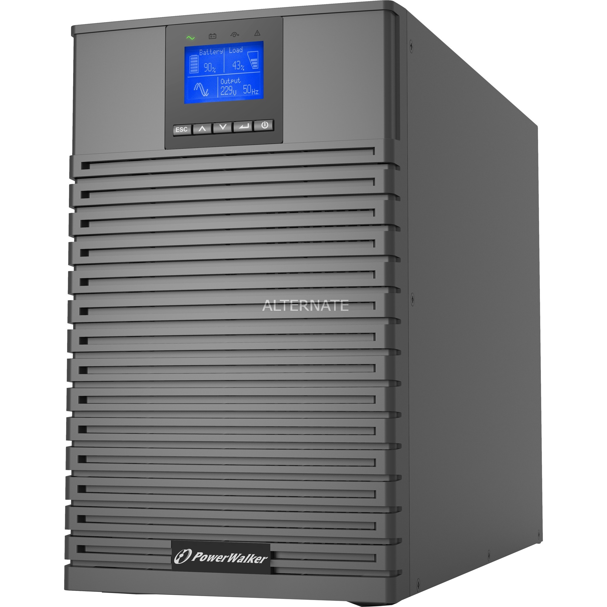 Black metal UPS battery cabinet tower with a digital display showing battery status, input/output data, and ventilation slits for cooling.