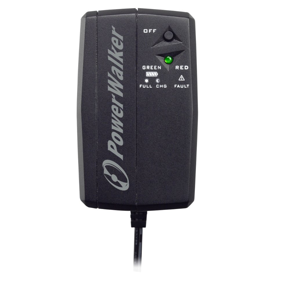 Black PowerWalker DC SecureAdapter UPS with an LED indicator, featuring a power switch and charging status lights, designed for 12V uninterruptible power supply applications.