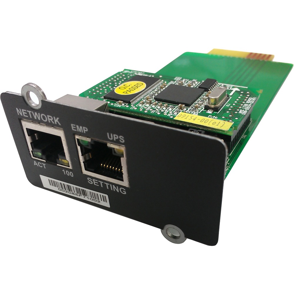 PowerWalker NMC Card features a green circuit board with two Ethernet ports, a black panel with labels, and a barcode, designed for network management in UPS systems.