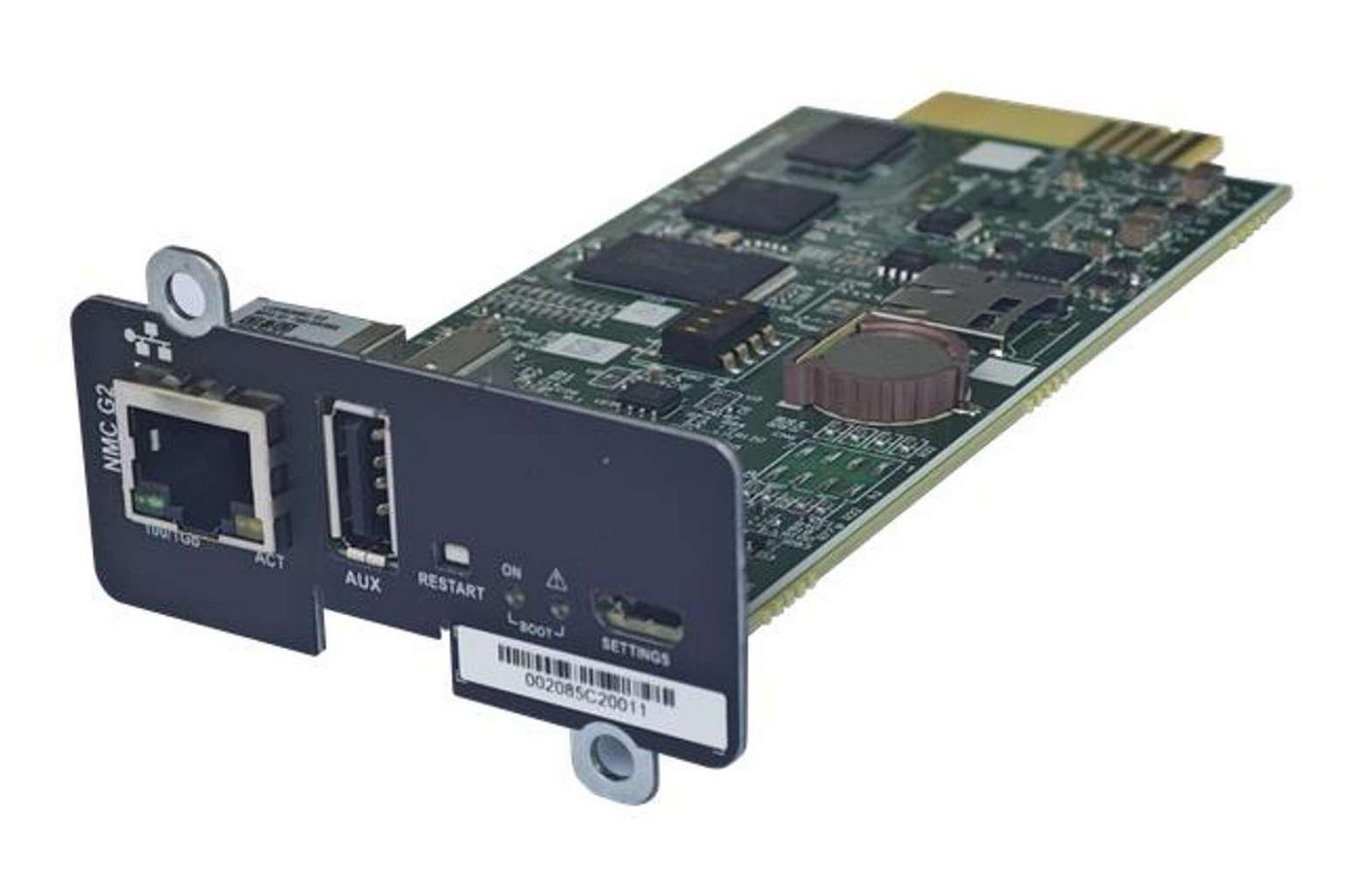PowerWalker NMC Crd NG network management card with a green circuit board, various chips, ports for Ethernet and USB, and a metal mounting bracket for installation.