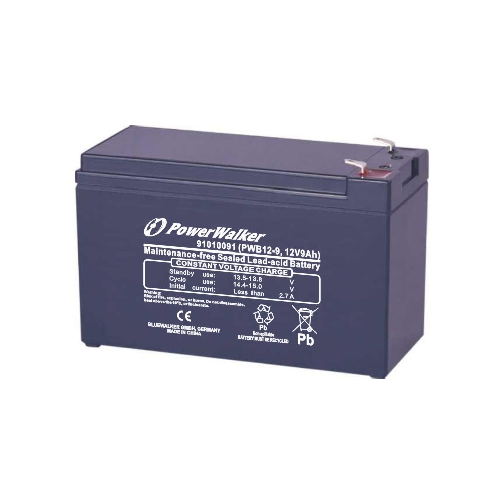 PowerWalker PWB12-9 sealed lead acid battery in dark blue casing, featuring a label with specifications, terminals on top, and a compact design for versatile use.