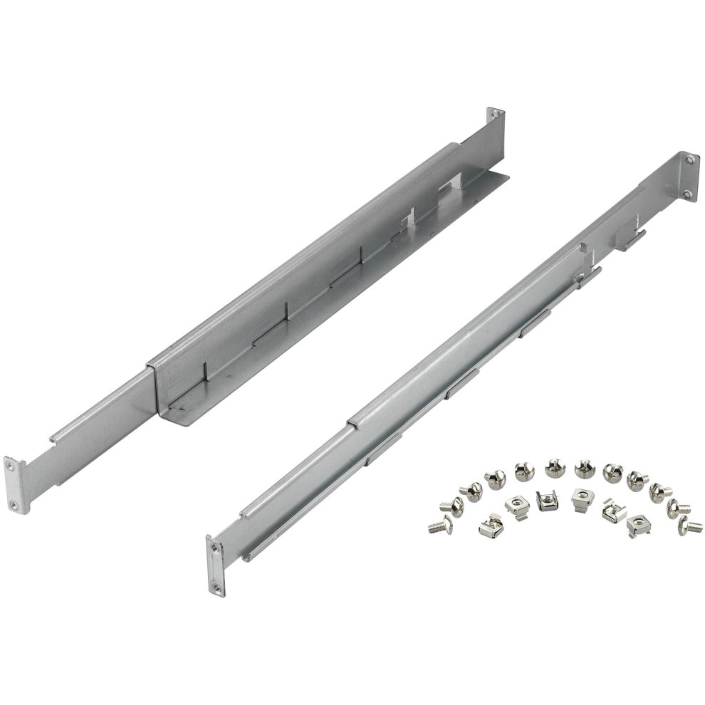 Silver metal rack rails with multiple mounting holes and accompanying screws and nuts for installation, designed for the PowerWalker RK3 model.