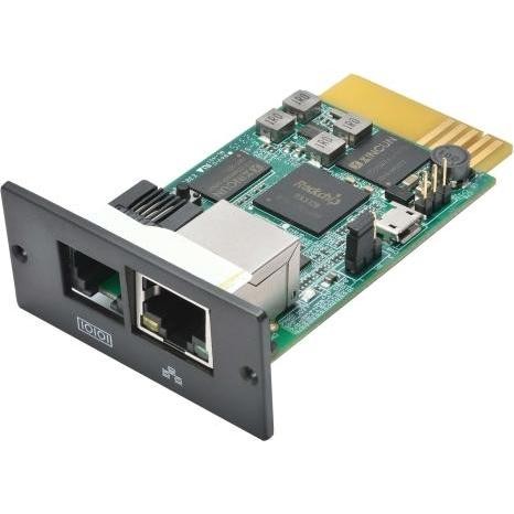Green circuit board with multiple chips, two Ethernet ports, and a gold connector edge, labeled "PowerWalker SNMP Mnger NG" for network management.