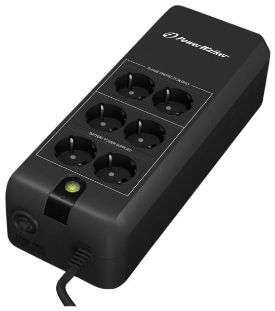 Black PowerWalker VFD 600 APFC UPS with six power outlets, a green indicator light, and a sleek, compact design for reliable backup power and surge protection.